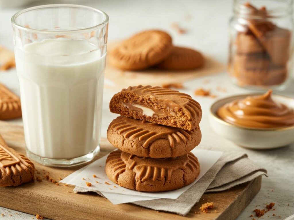 Create a cohesive set of four images in a bright, clean, minimalist food photography style. Use consistent lighting and a white marble/light wood background across all images. Each image should visually explain one step of a baking process.

Image 1: "Creaming"
A close-up, overhead shot of a stainless steel mixing bowl. Inside, pale, fluffy butter and sugar mixture is being beaten by electric mixer beaters. The texture should look light and aerated. A small scoop of the mixture is shown on the side to highlight its fluffy consistency.

Image 2: "Mixing"
A dynamic shot from the side, capturing a wooden spoon folding dark, spiced dry ingredients (flour, cinnamon) into a creamy, wet batter in a glass bowl. A light dusting of flour is visible on the surface. The batter should look thick and speckled with spices.

Image 3: "Shaping"
A top-down shot focusing on a pair of hands using a cookie scoop to portion a ball of caramel-colored dough onto a parchment-lined baking sheet. Several other perfectly round, unbaked dough balls are already neatly spaced on the sheet.

Image 4: "Finishing"
A final, inviting shot of a warm, golden-brown Biscoff cookie with a cracked, crinkly top being lifted from a baking sheet, revealing a soft interior. A few cookies are already cooling on a wire rack in the soft-focus background.

Style: Bright, airy, high-clarity food photography. Warm, inviting tone. Shallow depth of field to keep the focus on the action and texture in each step.