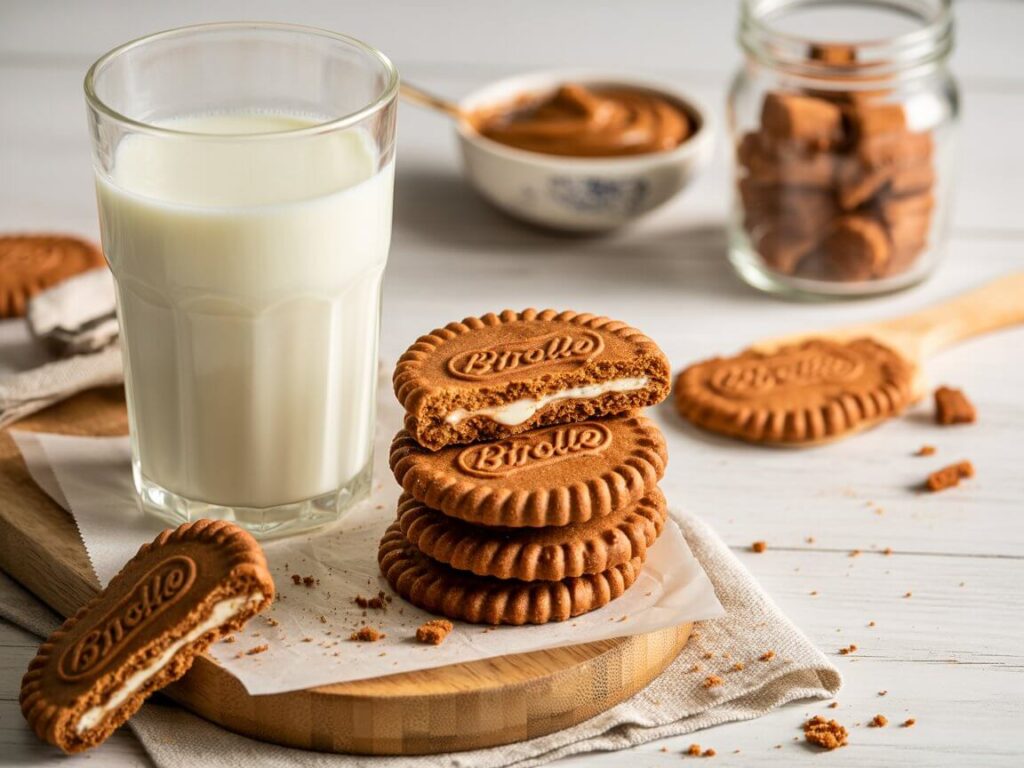 Create a cohesive set of four images in a bright, clean, minimalist food photography style. Use consistent lighting and a white marble/light wood background across all images. Each image should visually explain one step of a baking process.

Image 1: "Creaming"
A close-up, overhead shot of a stainless steel mixing bowl. Inside, pale, fluffy butter and sugar mixture is being beaten by electric mixer beaters. The texture should look light and aerated. A small scoop of the mixture is shown on the side to highlight its fluffy consistency.

Image 2: "Mixing"
A dynamic shot from the side, capturing a wooden spoon folding dark, spiced dry ingredients (flour, cinnamon) into a creamy, wet batter in a glass bowl. A light dusting of flour is visible on the surface. The batter should look thick and speckled with spices.

Image 3: "Shaping"
A top-down shot focusing on a pair of hands using a cookie scoop to portion a ball of caramel-colored dough onto a parchment-lined baking sheet. Several other perfectly round, unbaked dough balls are already neatly spaced on the sheet.

Image 4: "Finishing"
A final, inviting shot of a warm, golden-brown Biscoff cookie with a cracked, crinkly top being lifted from a baking sheet, revealing a soft interior. A few cookies are already cooling on a wire rack in the soft-focus background.

Style: Bright, airy, high-clarity food photography. Warm, inviting tone. Shallow depth of field to keep the focus on the action and texture in each step.