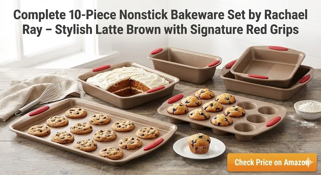 Rachael Ray Cucina Nonstick Bakeware Set, 10-Piece – Cookie Sheets, Cake & Muffin Pans in Latte Brown with Cranberry Red Grips