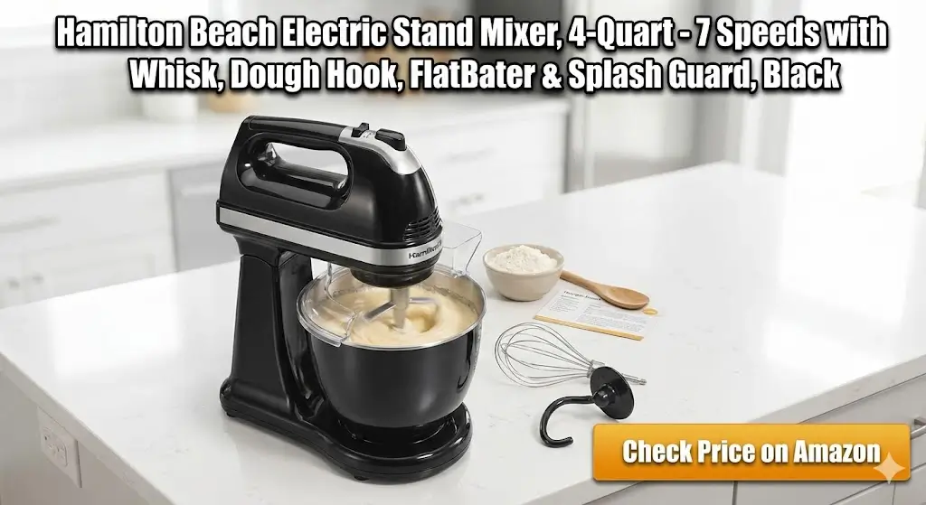 Hamilton Beach Electric Stand Mixer, 4-Quart - 7 Speeds with Whisk, Dough Hook, Flat Beater & Splash Guard, Black
