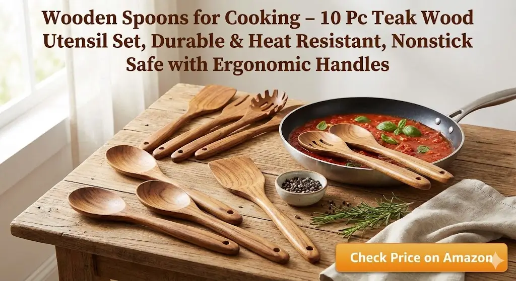Wooden Spoons for Cooking – 10 Pc Teak Wood Utensil Set, Durable & Heat Resistant, Nonstick Safe with Ergonomic Handles