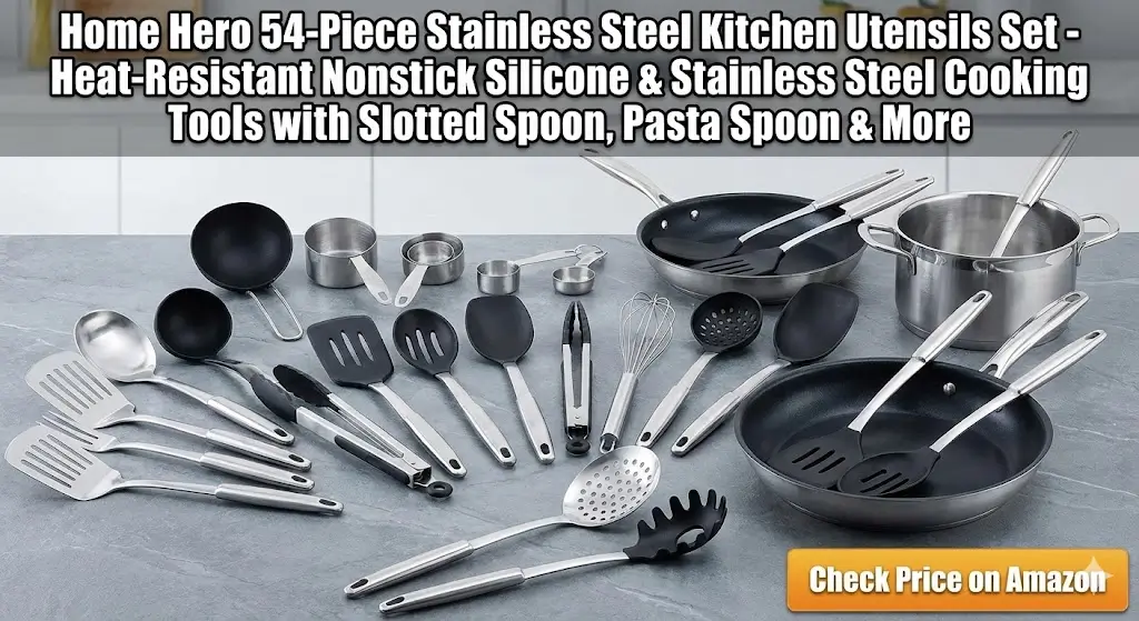 Home Hero 54-Piece Stainless Steel Kitchen Utensils Set - Heat-Resistant Nonstick Silicone & Stainless Steel Cooking Tools with Slotted Spoon, Pasta Spoon & More