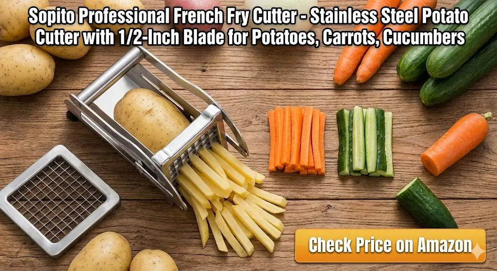 Sopito Professional French Fry Cutter - Stainless Steel Potato Cutter with 1/2-Inch Blade for Potatoes, Carrots, Cucumbers