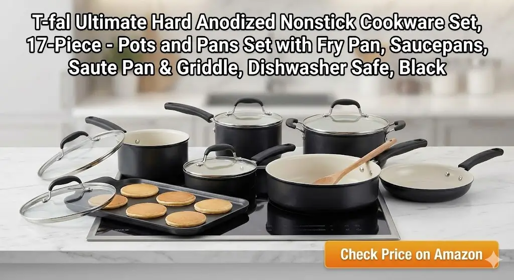 T-fal Ultimate Hard Anodized Nonstick Cookware Set, 17-Piece - Pots and Pans Set with Fry Pan, Saucepans, Saute Pan & Griddle, Dishwasher Safe, Black