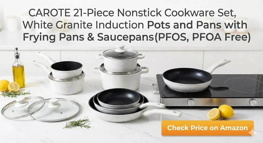 CAROTE 21-Piece Nonstick Cookware Set, White Granite Induction Pots and Pans with Frying Pans & Saucepans (PFOS, PFOA Free)