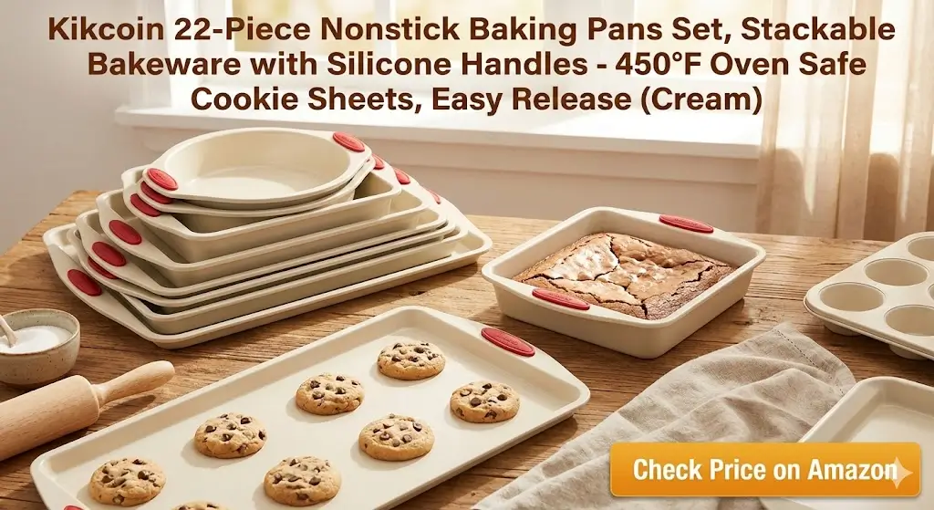 Kikcoin 22-Piece Nonstick Baking Pans Set, Stackable Bakeware with Silicone Handles - 450°F Oven Safe Cookie Sheets, Easy Release (Cream)
