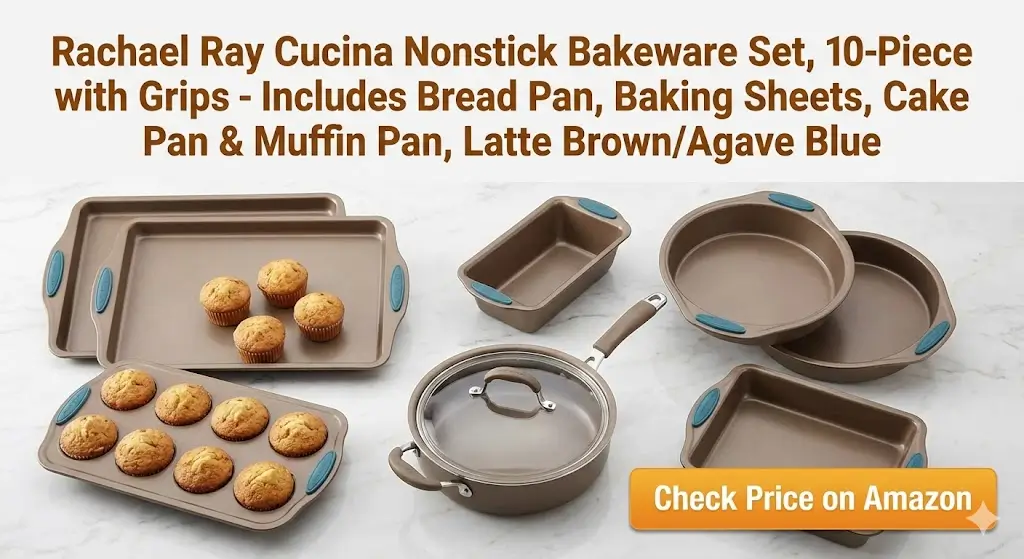 Here is a detailed and structured prompt for Kreait AI to generate a vibrant, appealing product image for your Rachael Ray bakeware set.

---

**Prompt for Kreait AI:**

**Subject:** A bright, stylish, and appetizing product photo showcasing a colorful and complete nonstick bakeware set in a modern kitchen setting.

**Composition:**
*   The main focus is the **Rachael Ray Cucina 10-Piece Nonstick Bakeware Set**.
*   **Layout:** Create an **attractive, organized arrangement** on a clean, light-colored kitchen counter (white marble or light wood). Showcase the pans in a way that highlights both their variety and their cohesive design.
*   **Scene Setup:**
    1.  **Display the Set:** Arrange the key pieces from the set in a visually pleasing layout. Prominently feature the:
        *   **Bread loaf pan**
        *   **Baking/Cookie sheet**
        *   **Cake pan (square or round)**
        *   **Muffin pan**
    2.  **Highlight Colors & Grips:** Ensure the distinctive **Latte Brown nonstick coating** and the vibrant **Agave Blue silicone grips** are clearly visible and look attractive. Let the blue grips be a standout colorful element.
    3.  **Show in Use:** Place the **muffin pan** with a few freshly baked muffins inside. Have the **cake pan** holding a perfectly sliced piece of frosted cake on a small plate. Place a few cookies on the **baking sheet**. This shows the pans' purpose and creates an appetizing scene.
    4.  **Add Context:** Scatter a few complementary baking ingredients like a bowl of flour, a whisk, and a linen napkin in neutral colors to keep the focus on the colorful bakeware.

**Style & Lighting:**
*   **Photography Style:** Bright, cheerful, and modern lifestyle photography. The style should reflect the fun and functionality of the Rachael Ray brand.
*   **Lighting:** Bright, even, and slightly warm studio lighting. It should make the **agave blue grips** pop and give a warm glow to the **latte brown pans** and the baked goods, creating an inviting feel.
*   **Color Palette:** Contrasting and vibrant. The **latte brown** and **agave blue** of the pans are the heroes. Accent with the **golden brown of baked goods** and the **neutral whites and beiges** of the background and props.

**Text & Graphics (CRITICAL):**
*   **Main Title:** Positioned at the **very top center** of the image canvas. Use a clean, modern, and slightly friendly sans-serif font (e.g., 'Poppins', 'Open Sans'). The text color should be a **deep, warm brown (e.g., #3E2C1C)** to complement the Latte Brown pans and ensure excellent readability against the light background.
    *   *Text to display:* **"Rachael Ray Cucina Nonstick Bakeware Set, 10-Piece with Grips - Includes Bread Pan, Baking Sheets, Cake Pan & Muffin Pan, Latte Brown/Agave Blue"**
*   **Amazon Call-to-Action (CTA):** Place a crisp, rectangular button in the **lower right corner**. The button must be filled with the official **Amazon orange-yellow gradient** (#FF9900 to #F7CA00). The text on the button should be bold, white, and centered.
    *   *Text to display:* **"Check Price on Amazon"**

**Mood:** Fun, inviting, and inspiring for home bakers. It should convey that baking is a joyful, creative process with the right beautiful and functional tools.

---

**For precise execution, add these direct instructions:**

**"CRITICAL TEXT & LAYOUT GUIDELINES:**
1.  **Title Placement & Style:** Render the full product title in a large, bold, **deep brown** font at the TOP CENTER. Do not use white or black text. This color choice will harmonize with the product and maintain high contrast.
2.  **Amazon Button:** Generate a distinct 'Check Price on Amazon' button in the BOTTOM RIGHT corner. The button's fill color **must be the classic Amazon orange-yellow gradient**. The text inside must be white.
3.  **Product & Color Accuracy:** The **latte brown coating** and **agave blue silicone grips** must be accurately and vividly rendered. All four mentioned pan types (bread, sheet, cake, muffin) should be clearly visible and identifiable.
4.  **Appetizing Context:** Include **freshly baked goods** (muffins, cake slice, cookies) in/on the respective pans to demonstrate use.
5.  **Clarity:** The composition should feel abundant but not cluttered. The title and Amazon button must remain completely unobstructed and legible."
