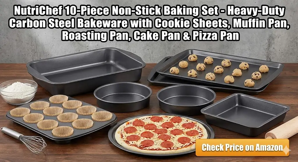 NutriChef 10-Piece Non-Stick Baking Set - Heavy-Duty Carbon Steel Bakeware with Cookie Sheets, Muffin Pan, Roasting Pan, Cake Pan & Pizza Pan