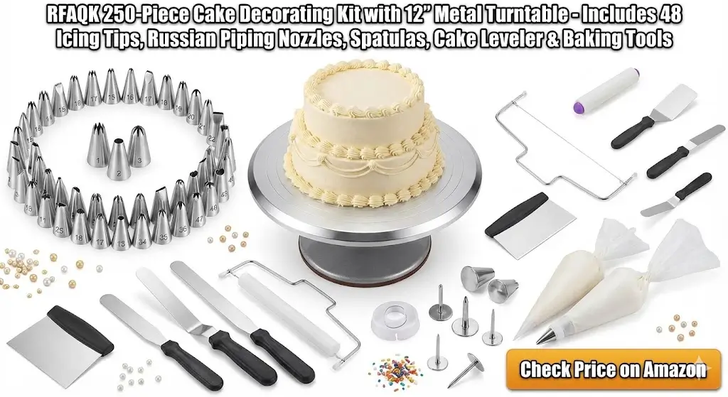 RFAQK 250-Piece Cake Decorating Kit with 12" Metal Turntable - Includes 48 Icing Tips, Russian Piping Nozzles, Spatulas, Cake Leveler & Baking Tools